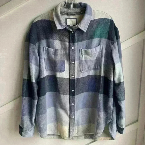 American Eagle Women Oversized Plaid Flannel Cotton Shirt Blue size M - Picture 5 of 10